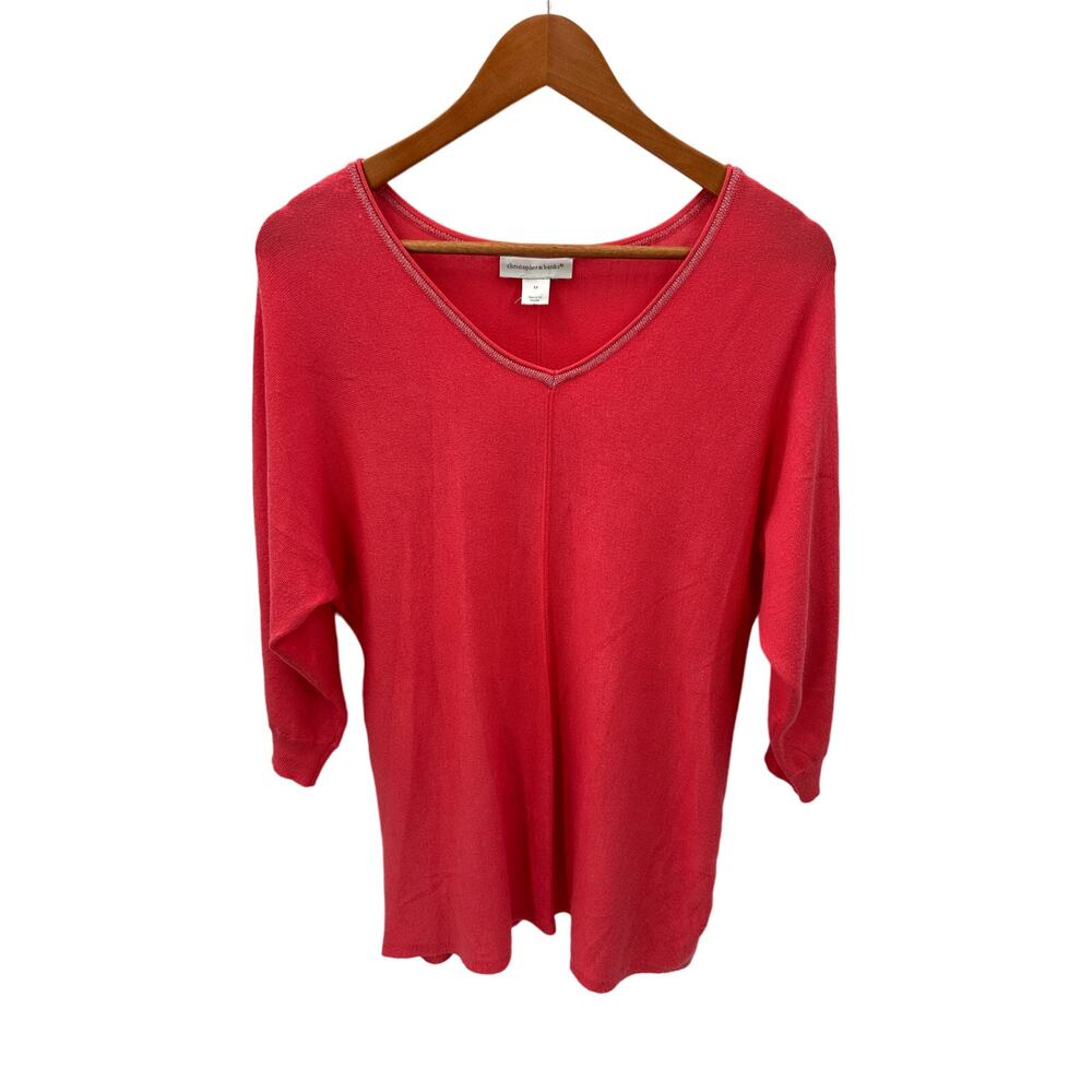 CHRISTOPHER & BANKS Coral Metallic Trim V Neck Sweater // M